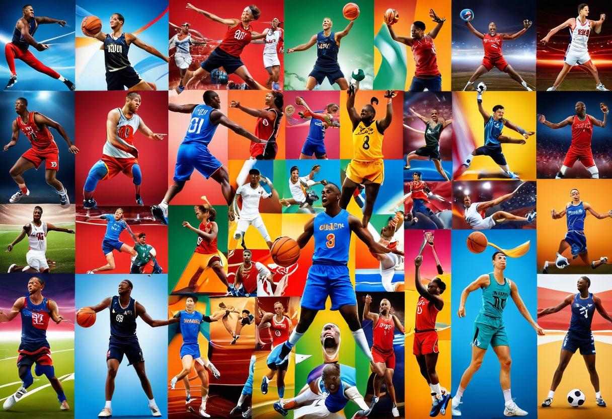A dynamic collage of various athletic shows featuring passionate athletes in action, displaying diverse sports like basketball, soccer, and gymnastics. Include vibrant colors and joyful expressions on the athletes' faces, with a backdrop of cheering crowds and colorful banners. Illustrate a blend of classic cable and modern streaming devices, symbolizing the evolution from cable to screen. The overall composition should convey excitement and enthusiasm for sports entertainment. super-realistic. vibrant colors.