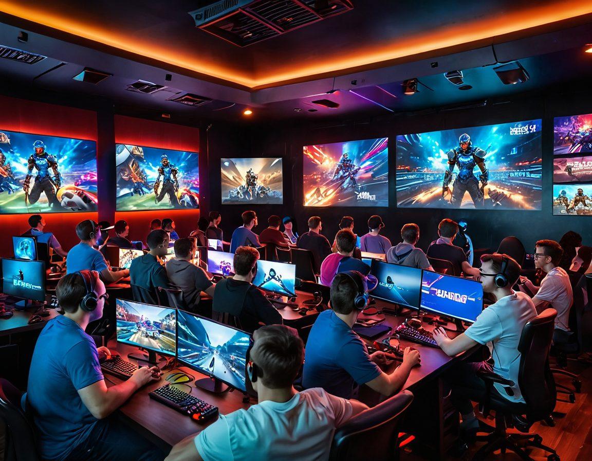 A vibrant scene capturing a diverse group of enthusiastic fans watching a live stream of an exciting esports game. The room is filled with colorful gaming posters and LED lights, reflecting the competitive and cheerful atmosphere. Include a large TV screen showcasing high-energy gameplay, with snacks and drinks scattered around for an immersive viewing experience. Celebrate the synergy of gaming and camaraderie. super-realistic. vibrant colors. digital art.