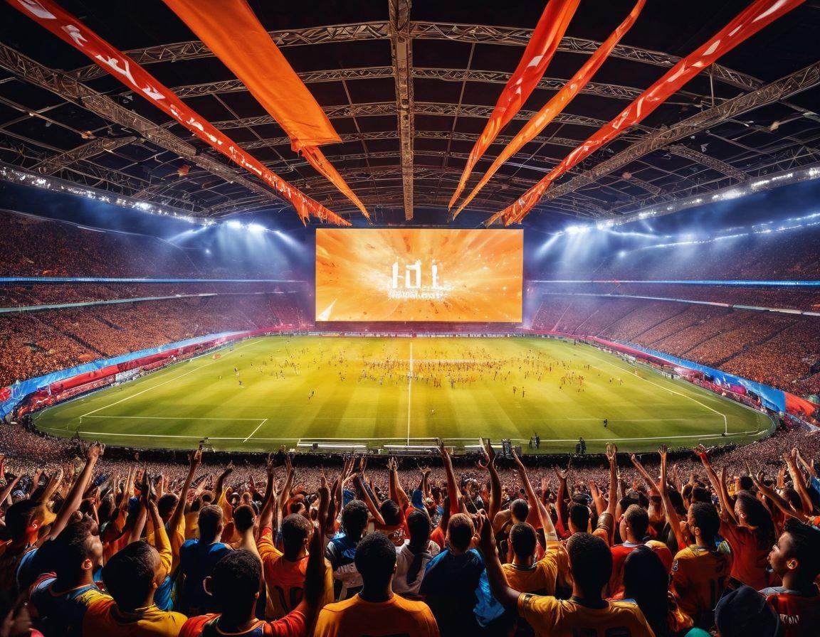 A dynamic and vibrant scene showcasing a diverse group of enthusiastic fans cheering in a stadium filled with colorful banners and team jerseys. In the foreground, a large screen displays a thrilling sports event, with players in action. The atmosphere is electrifying, capturing the essence of live excitement and entertainment. Bright stadium lights illuminate the crowd, creating an enticing and joyful ambiance. vibrant colors. super-realistic.